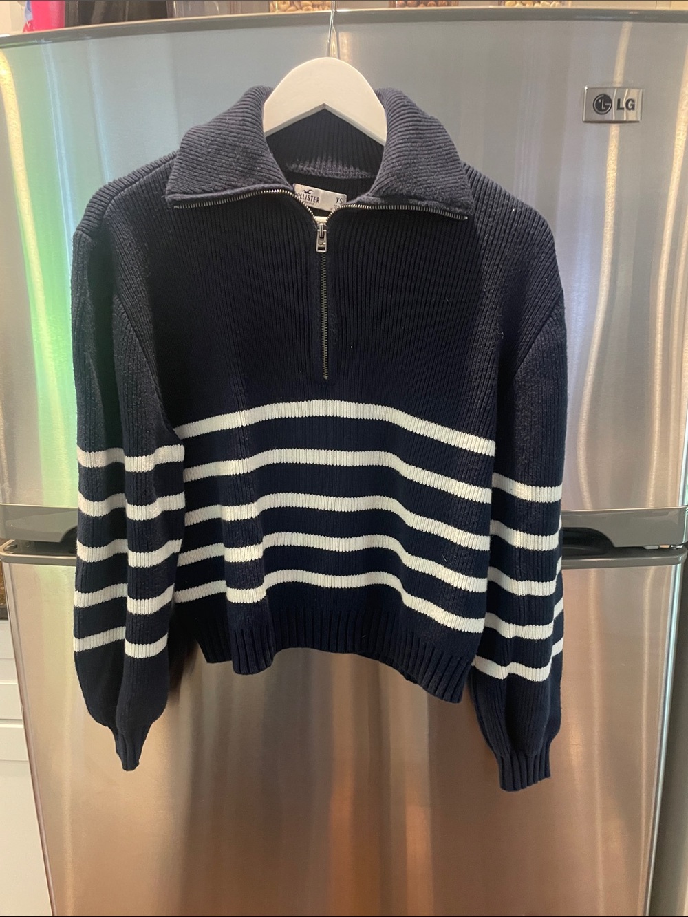 Hollister Navy and White Striped Half-Zip Sweater